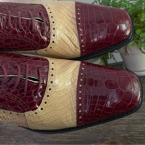 Ferrini Mens Alligator Skin Ostrich Quill Leather Oxfords Shoe Burgundy Wine Tan main image 5